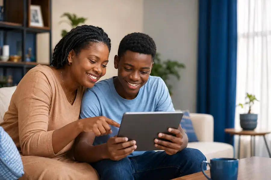 Un parent et son enfant suivent la progression sur une tablette Renfo500